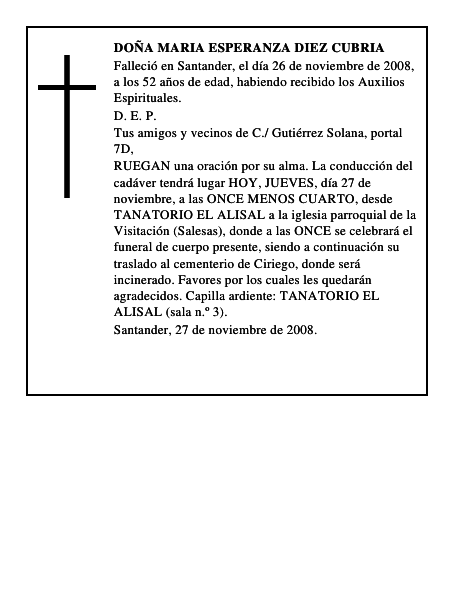 DOÑA MARIA ESPERANZA DIEZ CUBRIA