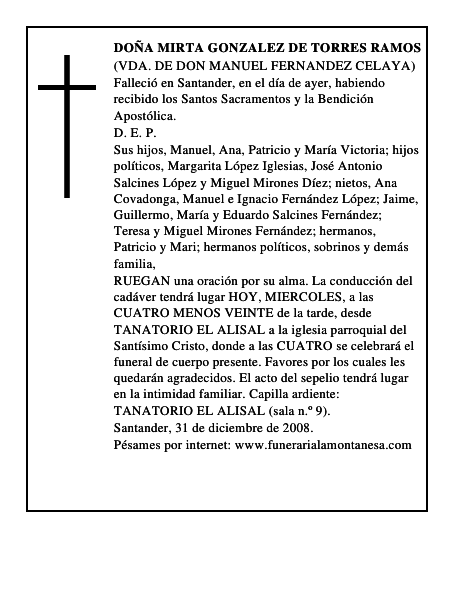 DOÑA MIRTA GONZALEZ DE TORRES RAMOS