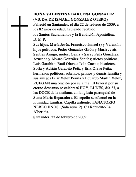 DOÑA VALENTINA BARCENA GONZALEZ