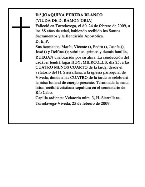 D.ª JOAQUINA PEREDA BLANCO