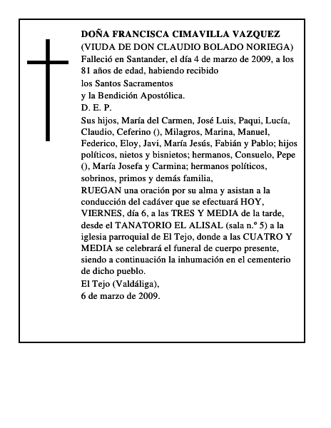 DOÑA FRANCISCA CIMAVILLA VAZQUEZ