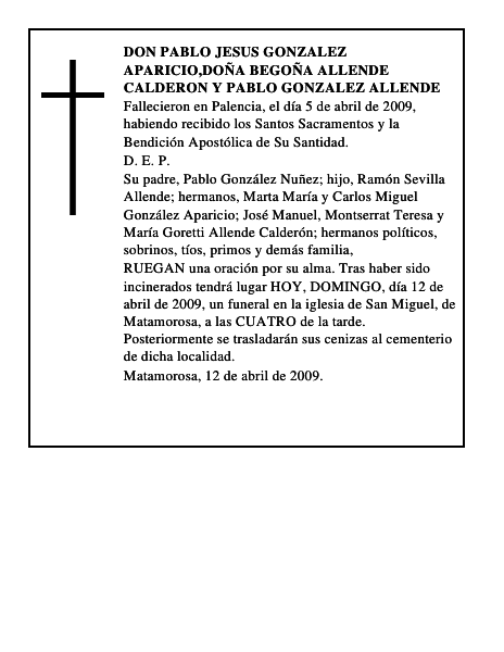 DON PABLO JESUS GONZALEZ APARICIO,DOÑA BEGOÑA ALLENDE CALDERON Y PABLO GONZALEZ ALLE