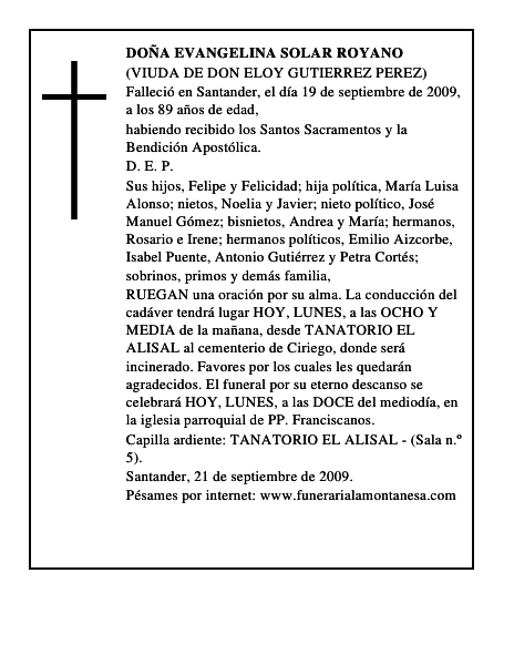 DOÑA EVANGELINA SOLAR ROYANO