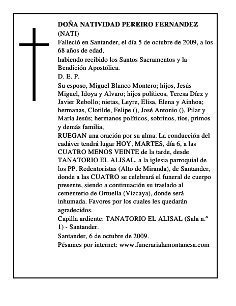 DOÑA NATIVIDAD PEREIRO FERNANDEZ