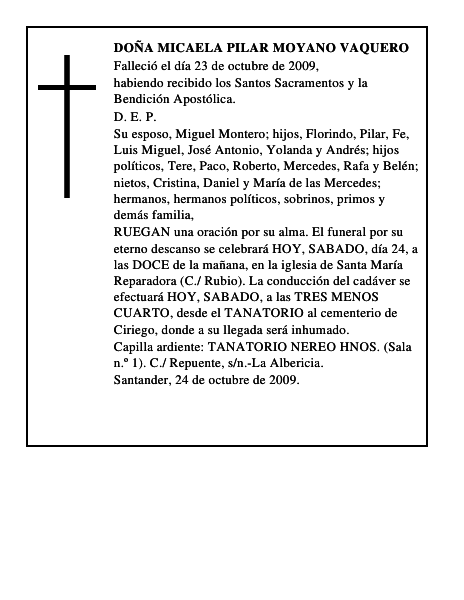 DOÑA MICAELA PILAR MOYANO VAQUERO