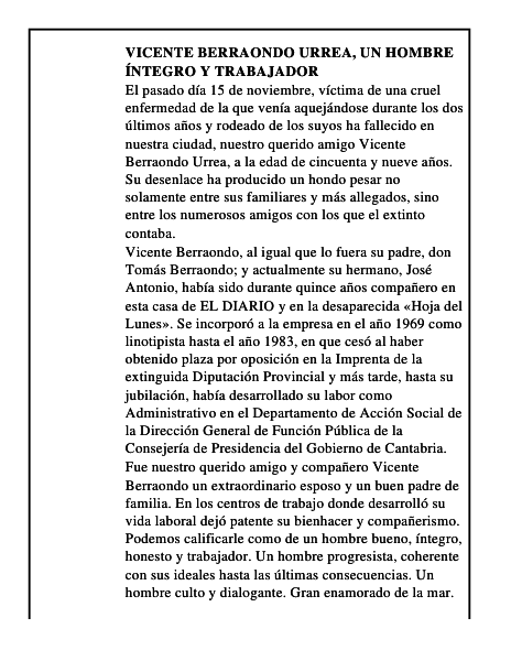 Vicente Berraondo Urrea, un hombre íntegro y trabajador
