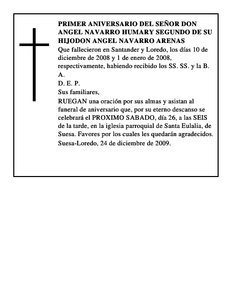 PRIMER ANIVERSARIO DEL SEÑOR DON ANGEL NAVARRO HUMARY SEGUNDO DE SU HIJODON ANGEL NAVARRO