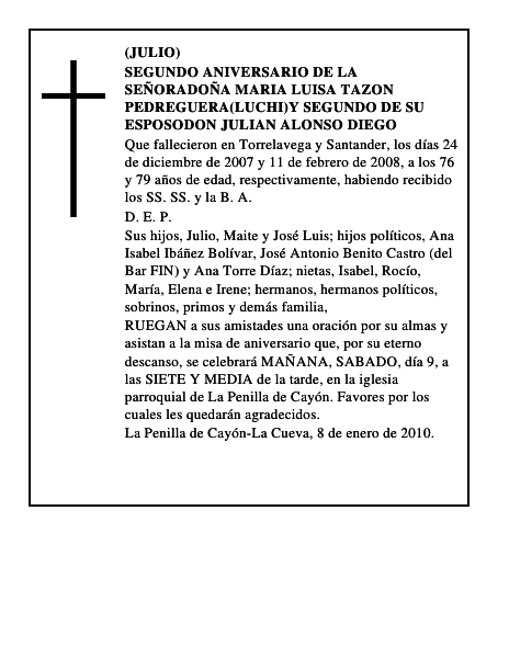 SEGUNDO ANIVERSARIO DE LA SEÑORADOÑA MARIA LUISA TAZON PEDREGUERA(LUCHI)Y SEGUNDO DE