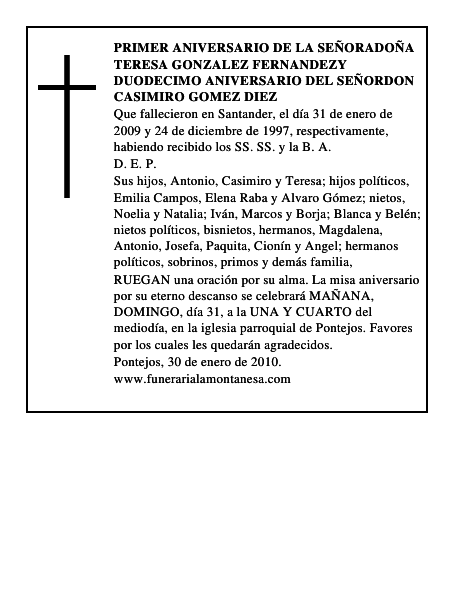 PRIMER ANIVERSARIO DE LA SEÑORADOÑA TERESA GONZALEZ FERNANDEZY DUODECIMO ANIVERSARIO