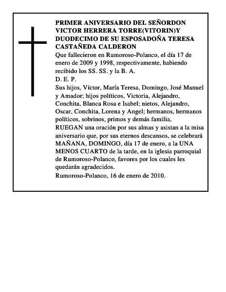 PRIMER ANIVERSARIO DEL SEÑORDON VICTOR HERRERA TORRE(VITORIN)Y DUODECIMO DE SU ESPOSADO