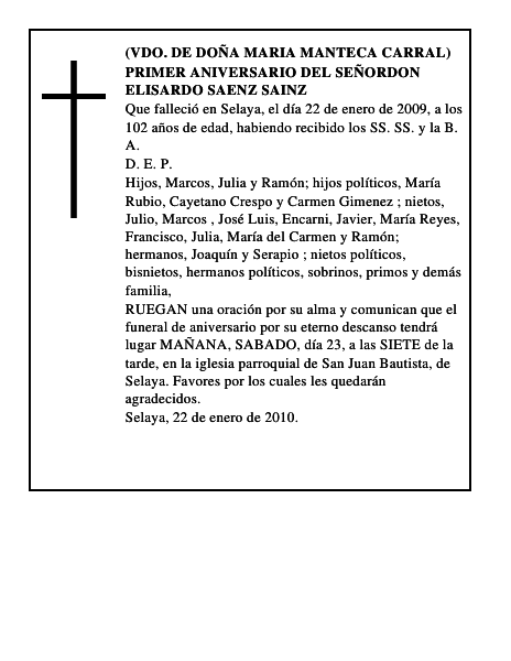 PRIMER ANIVERSARIO DEL SEÑORDON ELISARDO SAENZ SAINZ