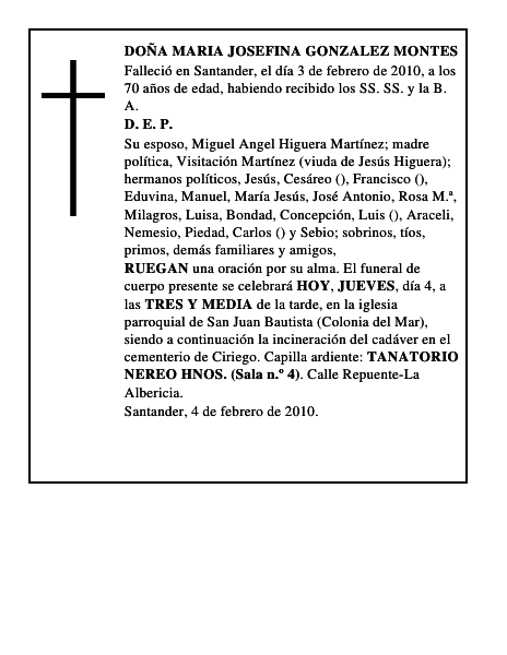DOÑA MARIA JOSEFINA GONZALEZ MONTES