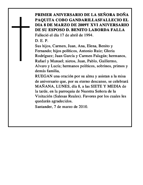 PRIMER ANIVERSARIO DE LA SEÑORA DOÑA PAQUITA COBO GANDARILLASFALLECIO EL DIA 8 DE MA