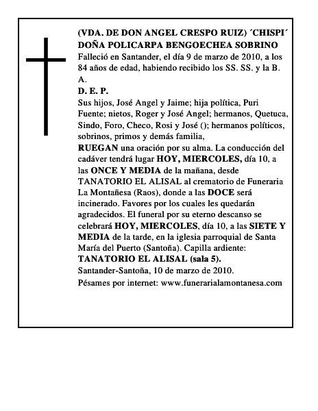 DOÑA POLICARPA BENGOECHEA SOBRINO