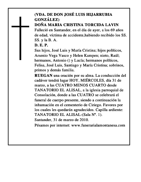 DOÑA MARIA CRISTINA TORCIDA LAVIN