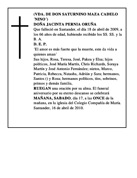 DOÑA JACINTA PERNIA ORUÑA