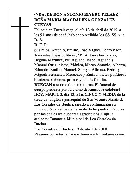 DOÑA MARIA MAGDALENA GONZALEZ CUEVAS