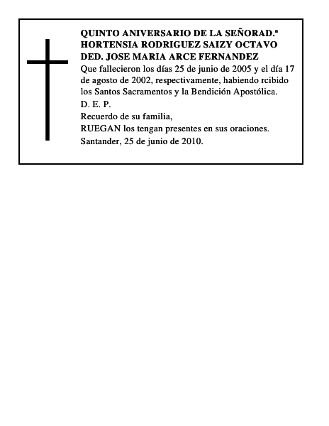 QUINTO ANIVERSARIO DE LA SEÑORAD.ª HORTENSIA RODRIGUEZ SAIZY OCTAVO DED. JOSE MARIA