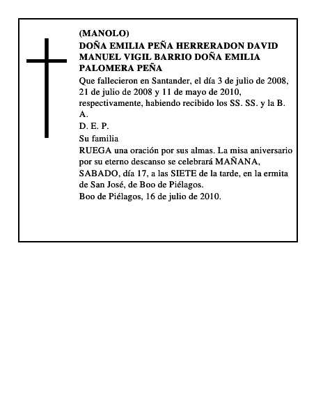 DOÑA EMILIA PEÑA HERRERADON DAVID MANUEL VIGIL BARRIO DOÑA EMILIA PALOMERA PE