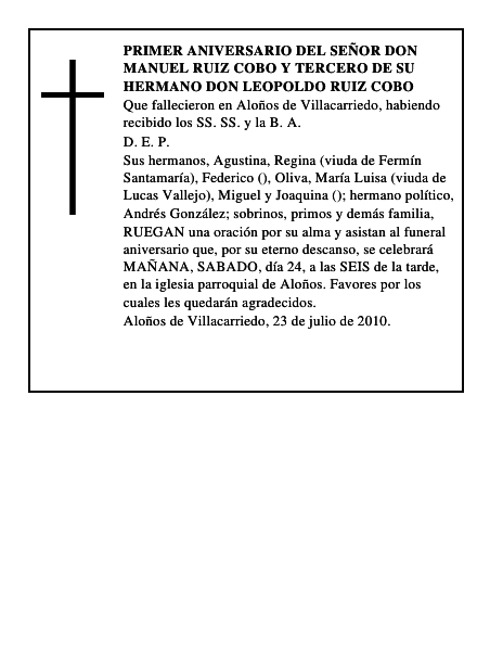 PRIMER ANIVERSARIO DEL SEÑOR DON MANUEL RUIZ COBO Y TERCERO DE SU HERMANO DON LEOPOLDO RU