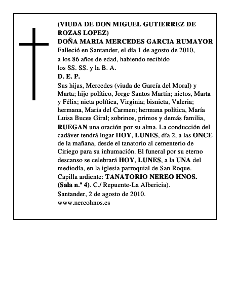 DOÑA MARIA MERCEDES GARCIA RUMAYOR