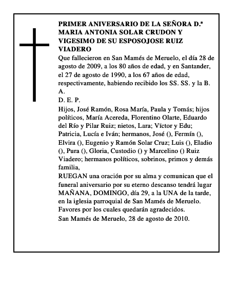 PRIMER ANIVERSARIO DE LA SEÑORA D.ª MARIA ANTONIA SOLAR CRUDON Y VIGESIMO DE SU ESPO