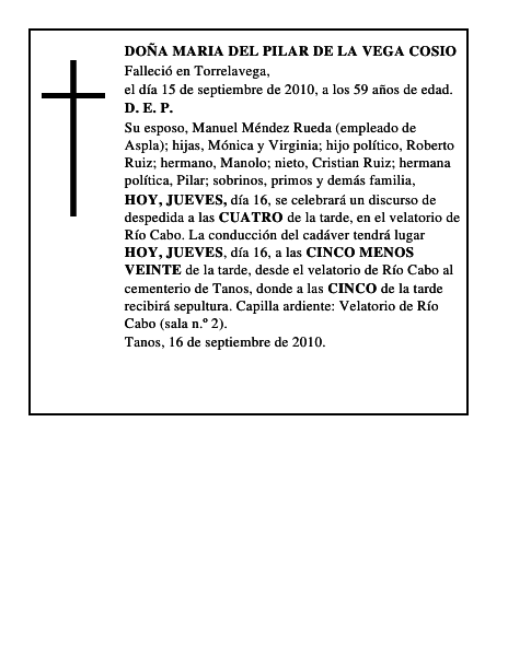 DOÑA MARIA DEL PILAR DE LA VEGA COSIO