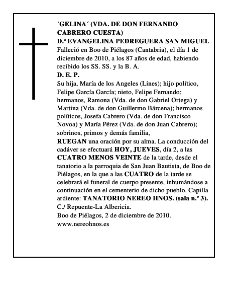 D.ª EVANGELINA PEDREGUERA SAN MIGUEL