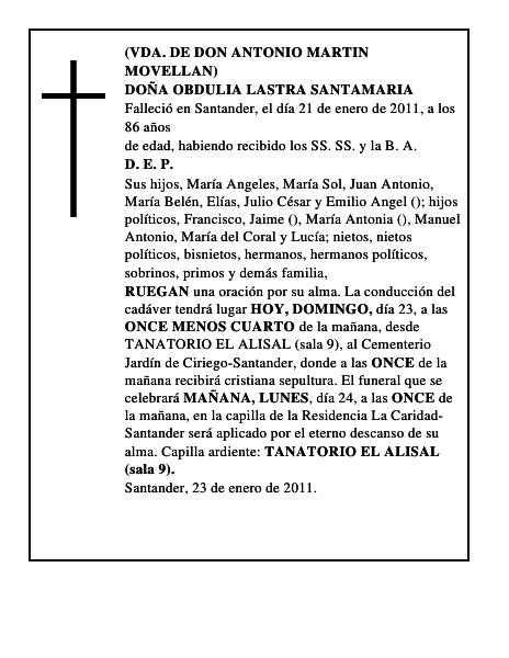 DOÑA OBDULIA LASTRA SANTAMARIA