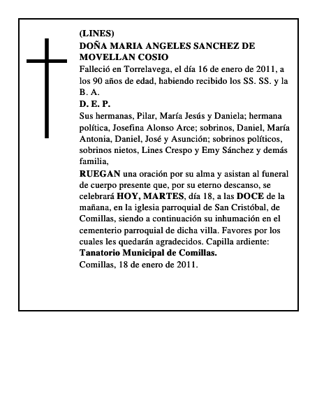 DOÑA MARIA ANGELES SANCHEZ DE MOVELLAN COSIO