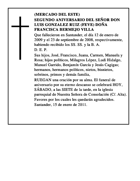 SEGUNDO ANIVERSARIO DEL SEÑOR DON LUIS GONZALEZ RUIZ (FEVE) DOÑA FRANCISCA BERMEJO VI