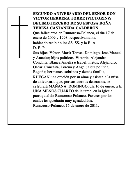 SEGUNDO ANIVERSARIO DEL SEÑOR DON VICTOR HERRERA TORRE (VICTORIN)Y DECIMOTERCERO DE SU ESP