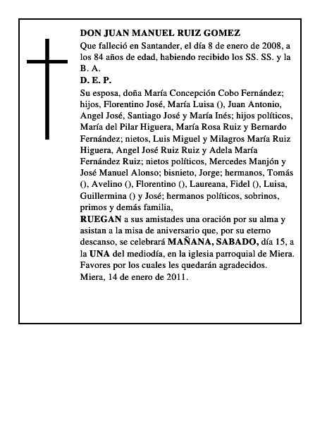 PRIMER ANIVERSARIO DEL SEÑORDON MANUEL RUIZ PALACIO(EL REQUETE)Y CUARTO DE SU ESPOSADO