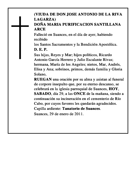 DOÑA MARIA PURIFICACION SANTILLANA ARCE