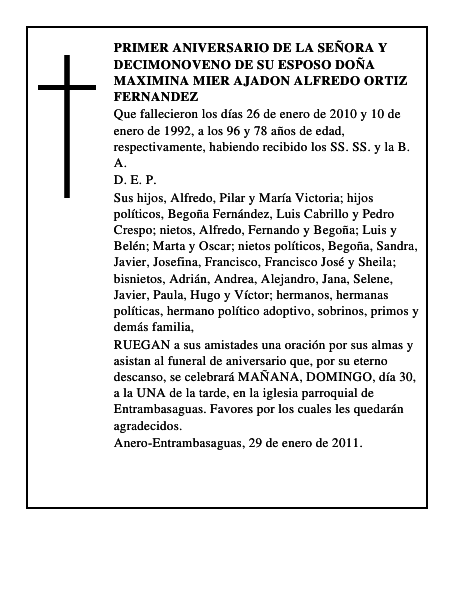 PRIMER ANIVERSARIO DE LA SEÑORA Y DECIMONOVENO DE SU ESPOSO DOÑA MAXIMINA MIER AJADON