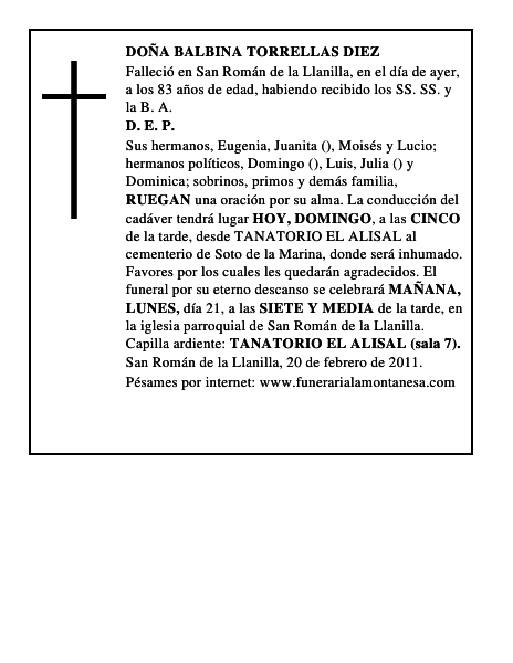 DOÑA BALBINA TORRELLAS DIEZ