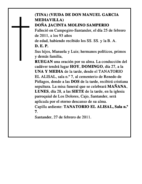 DOÑA JACINTA MOLINO SAMPERIO