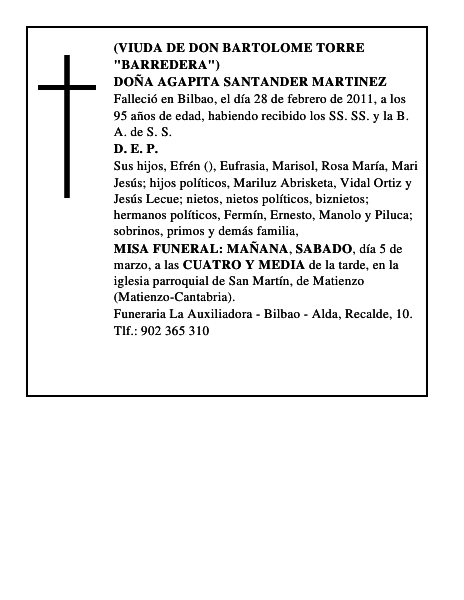 DOÑA AGAPITA SANTANDER MARTINEZ