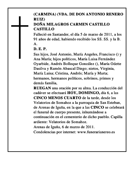 DOÑA MILAGROS CARMEN CASTILLO CASTILLO