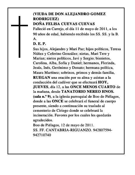 DOÑA FELISA CUEVAS CUEVAS