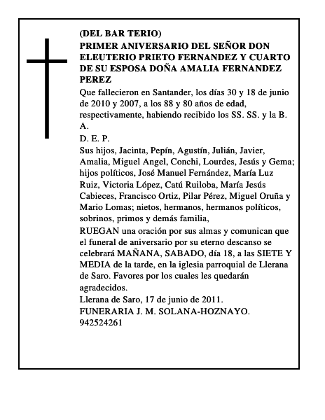 PRIMER ANIVERSARIO DEL SEÑOR DON ELEUTERIO PRIETO FERNANDEZ Y CUARTO DE SU ESPOSA DOÑA AMALIA FERNANDEZ PEREZ