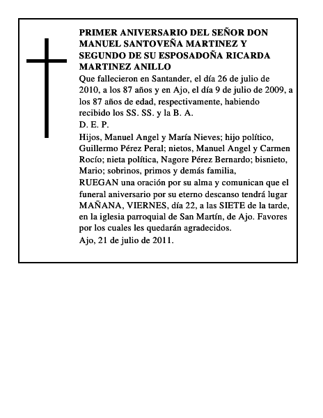 PRIMER ANIVERSARIO DEL SEÑOR DON MANUEL SANTOVEÑA MARTINEZ Y SEGUNDO DE SU ESPOSADOÑA RICARDA MARTINEZ ANILLO