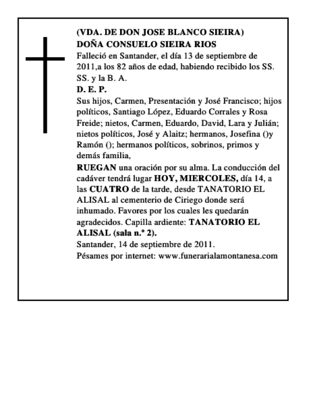 DOÑA CONSUELO SIEIRA RIOS Esquela Necrológica El Diario Montañés