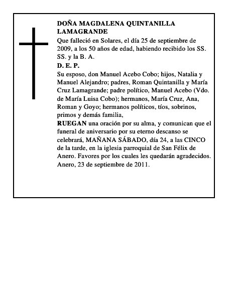 DOÑA MAGDALENA QUINTANILLA LAMAGRANDE