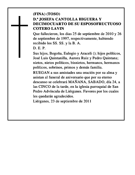 D.ª JOSEFA CANTOLLA HIGUERA Y DECIMOCUARTO DE SU ESPOSOFRUCTUOSO COTERO LAVIN