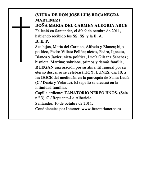 DOÑA MARIA DEL CARMEN ALEGRIA ARCE