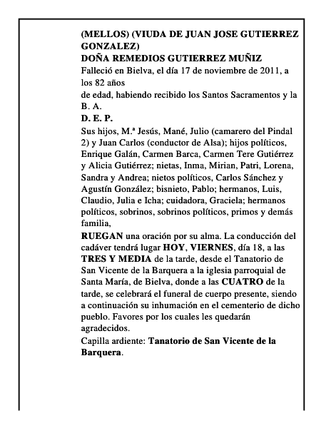 DOÑA REMEDIOS GUTIERREZ MUÑIZ