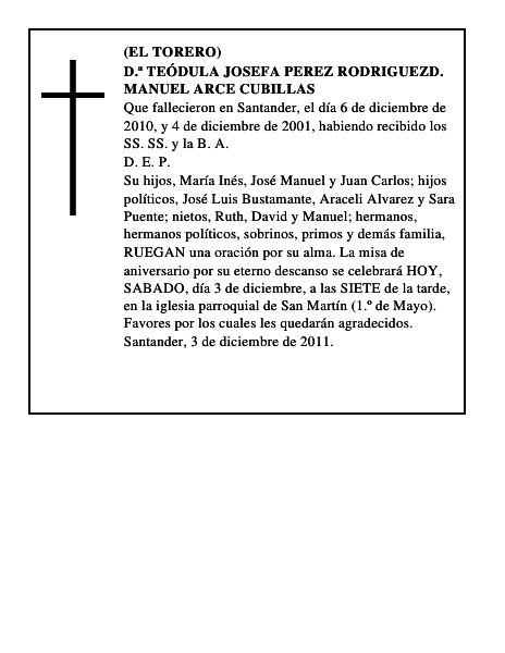 D.ª TEÓDULA JOSEFA PEREZ RODRIGUEZD. MANUEL ARCE CUBILLAS