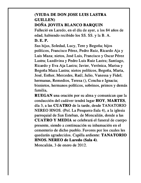 DOÑA JOVITA BLANCO BARQUIN