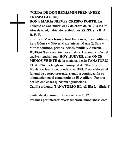 DOÑA MARIA NIEVES CRESPO PORTILLA